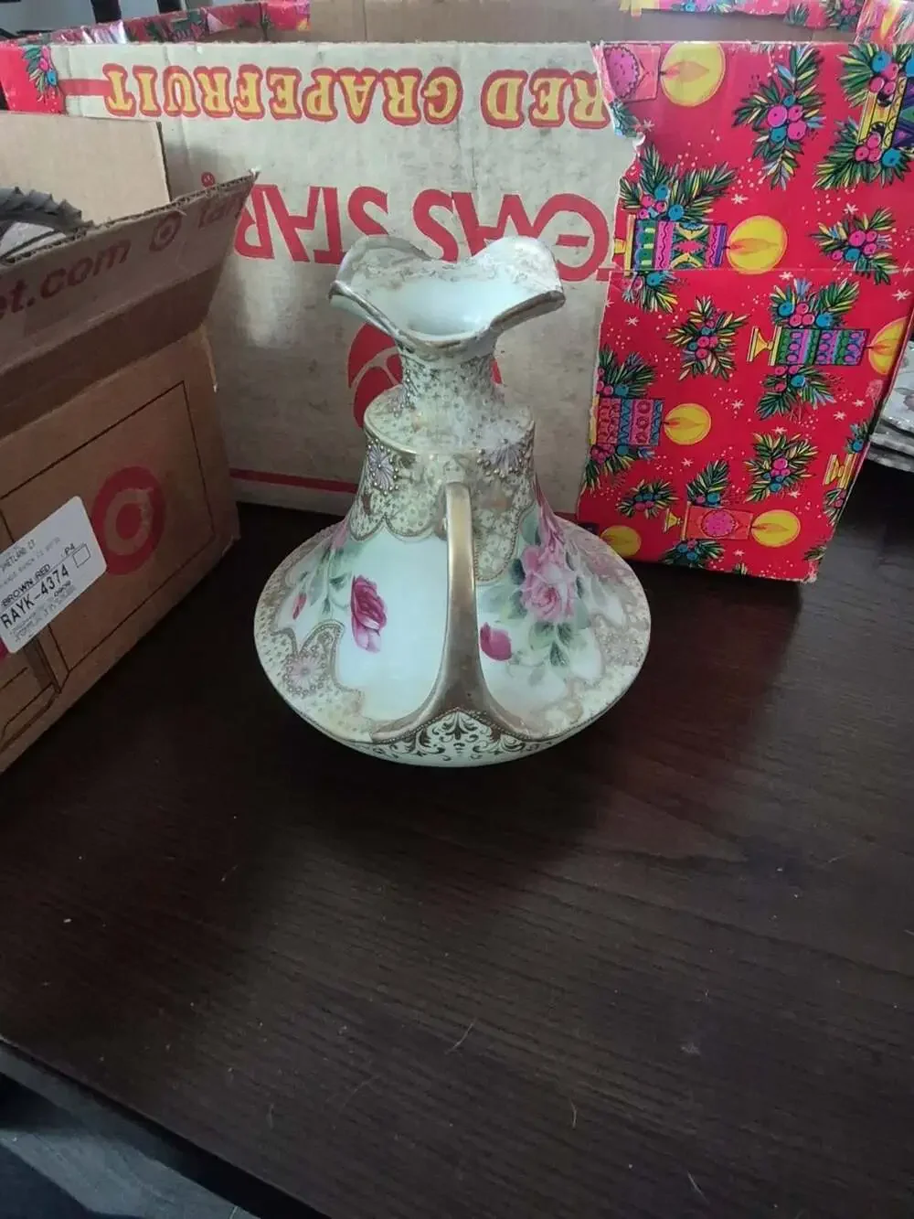Nippon Hand Painted Moriage Rose Double Handle Vase